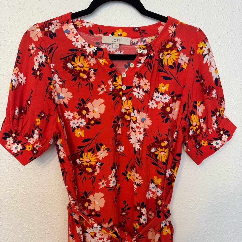 LOFT Floral Puff Sleeve Midi Dress in Roast Red Tomato Sz. 4 - Picture 6 of 6